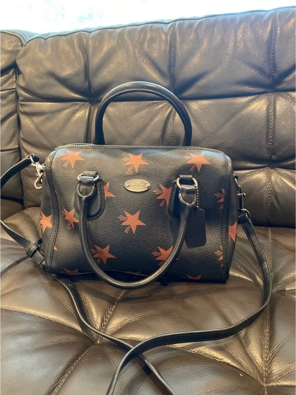Coach Black Leather Satchel with Rust Star Print